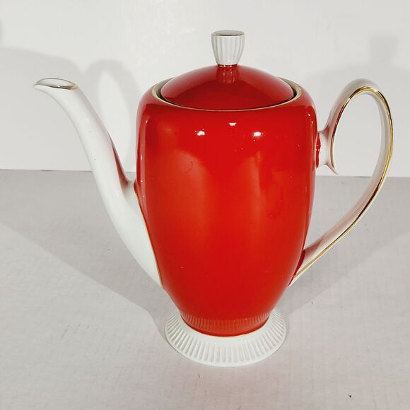 Chodziez Footed Coffee Teapot Red MCM Vtg Poland Ceramic Retro Tall Gold Trim - Picture 2 of 15